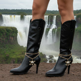 Brand New Women Gold Metal Boot Chain Bracelet Shoe Anklet Bling Skull + Wave Charm SET BC154