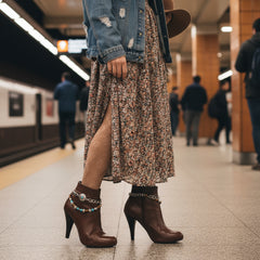 Brand New Women 2PCS Silver Metal Boot Chain Bracelet Shoe Anklet Wave Ethnic Flower Charm Set Fashion Jewelry - A PAIR BC41