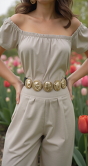 Women Black Elastic Decorative Belt with Gold Metal Greek Medallion Coin Charms (S/M)