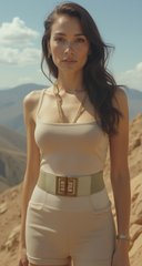 New Women Ivory Cream Elastic Fashion Belt Gold Bling Square Buckle S M