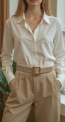 Women Beige Tan Faux Leather Skinny Fashion Belt Gold Metal Square Buckle S M