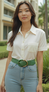 Cool Women Green Braided Elastic Fashion Belt Gold Metal Oval Buckle Size S M L