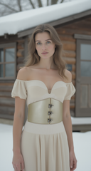 Women Champagne Metallic Beige Corset Belt Wide Hip Waist Silver Hook Buckle S M