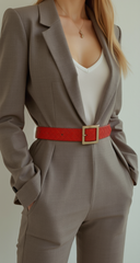 Women Red Basket Weave Faux Leather Hip Waist Belt Gold Metal Buckle Size S M