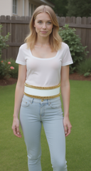 White Faux Leather Stretch Waistband Wide Belt Gold Metal Chain Links S M