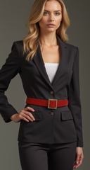 Women Red Basket Weave Faux Leather Skinny Belt Gold Metal Square Buckle S M