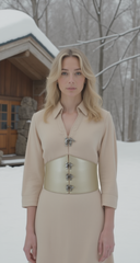 Women Champagne Metallic Beige Corset Belt Wide Hip Waist Silver Hook Buckle S M