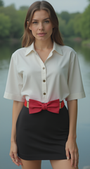 Fashion Belt Gold Plate Elastic Band Red Faux Leather Bow Tie Buckle S M L