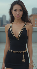 Gold Metal & Black Fabric Skinny Chain Belt with Lion Medallion Pendant End