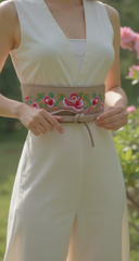 Taupe Beige Faux Leather Wide Wrap Around Tie Kimono Belt Flowers Size S M