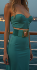 New Women Teal Blue Elastic Fashion Belt Gold Metal Bling Square Buckle S M