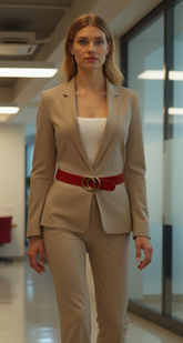 Women Red Faux Patent Leather Fashion Belt Gold Metal Circles Buckle Size M L