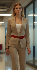 Women Red Faux Patent Leather Fashion Belt Gold Metal Circles Buckle Size M L