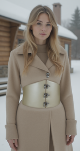 Women Champagne Metallic Beige Corset Belt Wide Hip Waist Silver Hook Buckle S M