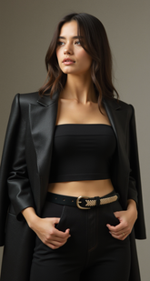 Women Black Faux Leather Gold Weave Braide Hip Waist Belt Gold Buckle S M