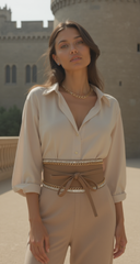 Caramel Beige Wrap Around Wide Waistband Tie Kimono Style Belt Size S M