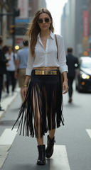 Black Wrap Around Long Skirt Faux Leather Fashion Belt Gold Metal Size S M