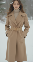 Women Beige Taupe Stretch Belt Gold Circle Buckle S M