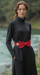 Fashion Belt Gold Plate Elastic Band Red Faux Leather Bow Tie Buckle S M L