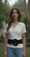 New Fashion Women Belt Wide Elastic Band Black Hip High Waist Round Buckle Size S M