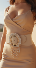 Elastic Beige Fancy Fashion Wide Hip High Waist Belt Gold Round Buckle S M