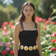 Brown Elastic Band Belt Gold Metal Greek Coin Medallion Charm Fit Size S M