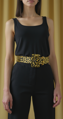 Yellow Leopard Animal Print Belt Square Buckle