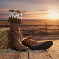 Brand New Western Women Boot Toppers Boho Long Brown Faux Leather Fringes Knee High Lace