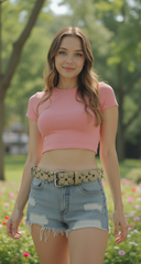 Fun Women Beige Nude Color Casual Fashion Belt Silver Metal Studs Size S M L XL