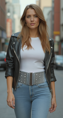 Women Silver Fashion Elastic Waistband Belt Bling Metal Studs Hip High Waist S M