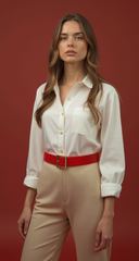 Women Red Basket Weave Faux Leather Skinny Belt Gold Metal Square Buckle S M