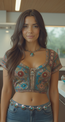 Women Vintage Ethnic Style Belt with Antique Silver Metal and Turquoise Blue Flower Charm (S/M/L)