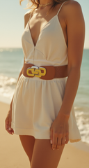 New Women Brown Color Elastic Belt Hip Waist Gold Metal Chain Links Buckle (S/M)