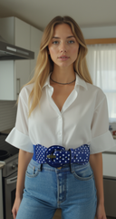 Women Belt Elastic Blue Band White Polka Dots Fashion Hip Waist Waisted M L XL