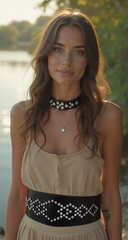 Wide Faux Leather Black Elastic Belt Squares S M