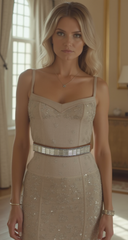 Women Skinny Brown Elastic Band Belt Shiny Silver Bling Sparkle Fancy Beads S M