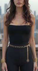 Gold Metal & Black Fabric Skinny Chain Belt with Lion Medallion Pendant End