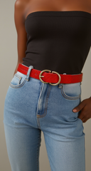 Women True Red Basket Weave Faux Leather Trendy Style Belt Gold Metal Buckle S M