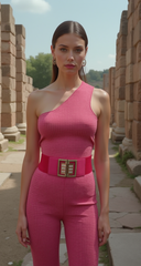 New Women Pink Elastic Fashion Belt Gold Bling Square Buckle S M