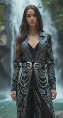 Women Black Elastic Belt Paisley Western Double Buckle Chain Wave Adjustable S M