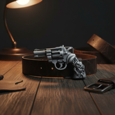 NEW Men Silver Metal Western Fashion Belt Buckle Revolver Gun Flaming Skull Weapon