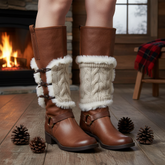 Brand New Women Boots Cover Topper Pair Warmer Winter Beige Fabric Slip On White Muffs 2PC