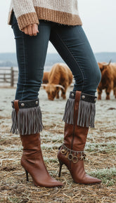 Brand New Women Gray Boot Topper Faux Suede Leather Fringe Winter Silver Flower Charm Pair