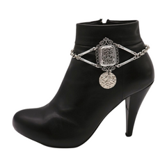 Brand New Women Silver Metal Boot Chain Bracelet Shoe Anklet Filigree Ethnic Coin Charm SET BC136