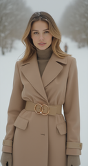 Women Beige Taupe Stretch Belt Gold Circle Buckle S M