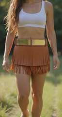 Beige Faux Leather Wrap Around Skirt Tie Fringes Belt Gold Metal Size S M