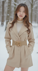 Women Beige Nude Wide Elastic Band Fashion Belt Gold Metal Circle Buckle S M