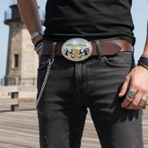 NEW Men Belt Buckle Silver Metal Oval Western Fashion Gold Bull Skull Long Horn Fire