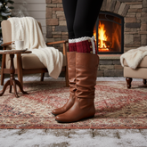 Brand New Women Boots Cover Topper Pair Red Winter Fabric Slip On White Crochet + Buttons