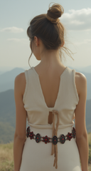 Women Silver Metal Charms Beige Fabric Tie Ethnic Belt with Red Flower S/M